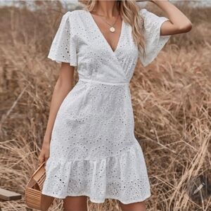 Japna White Eyelet V‑Neck Wrap Dress